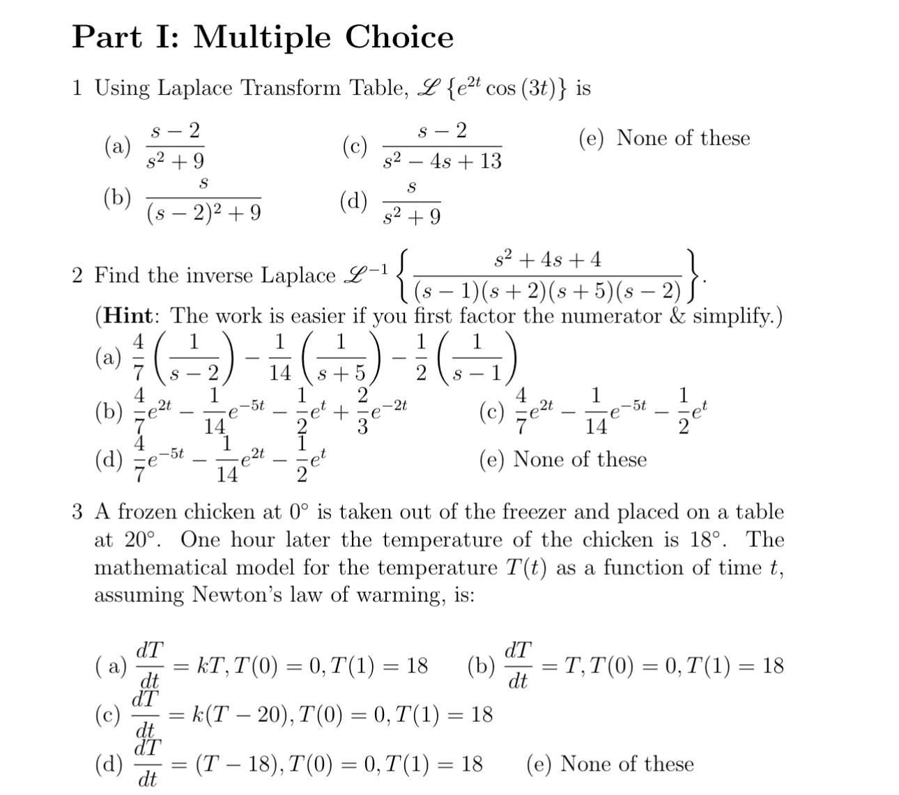 Part I: Multiple Choice 1 Using Laplace Transform