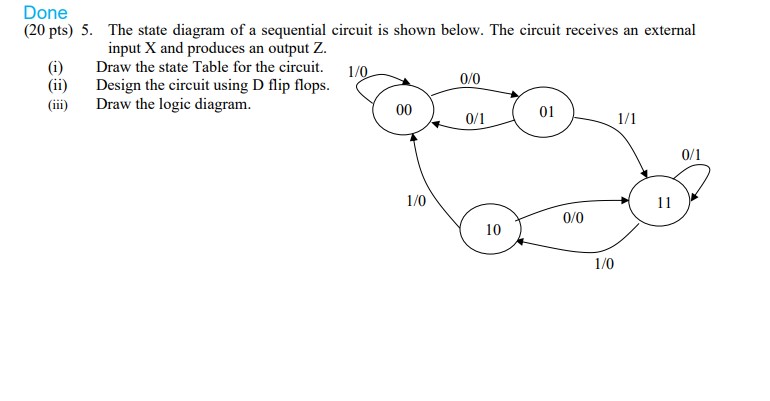 Done ( 2 0 pts ) 5 . The state diagram of a