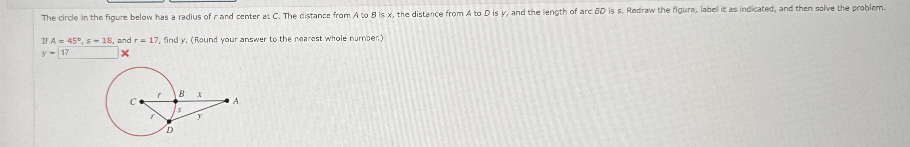If A = 4 5 , s = 1 8 , and r = 1 7 , find y