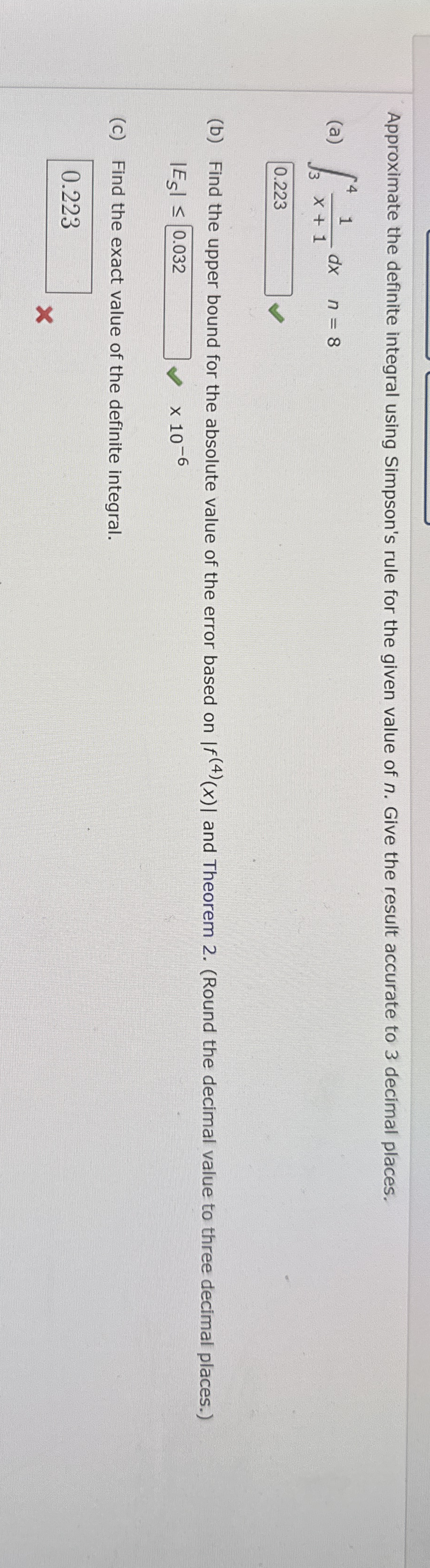 Approximate the definite integral using Simpson's