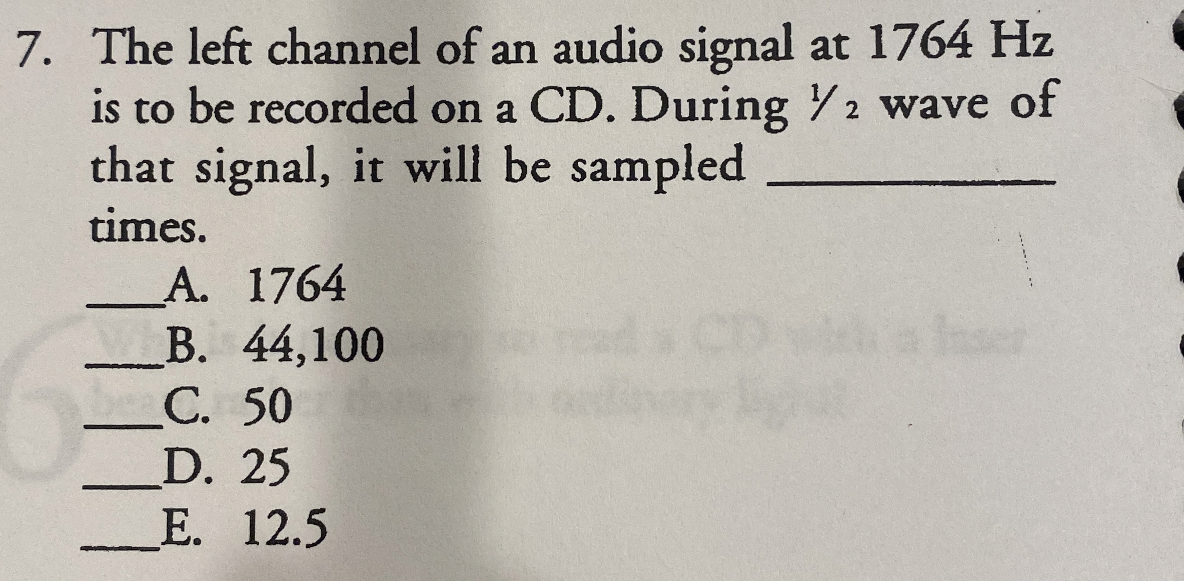 The left channel of an audio signal at 1 7 6 4 Hz