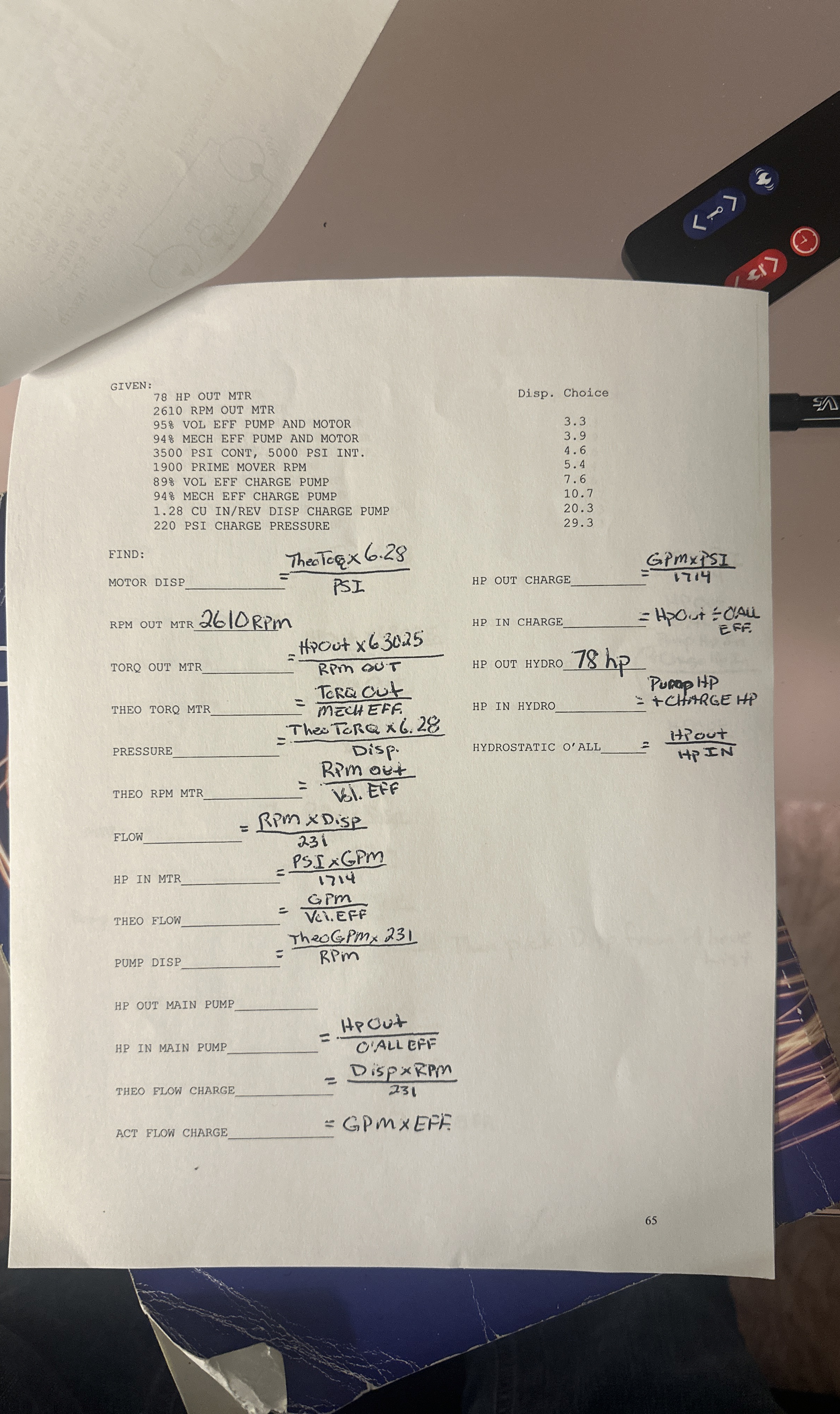 GIVEN : 7 8 HP OUT MTR Disp. Choice 2 6 1 0 RPM