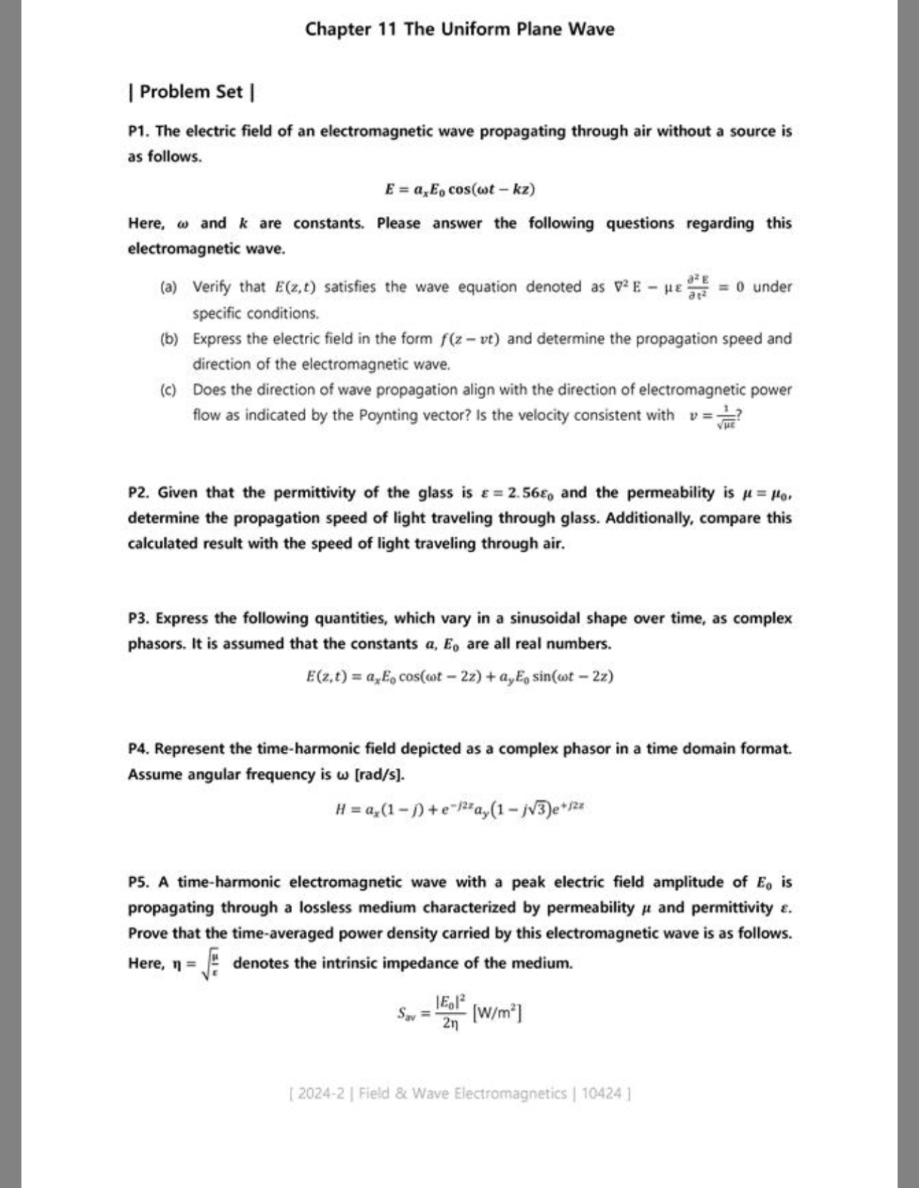 Chapter 1 1 The Uniform Plane Wave | Problem Set