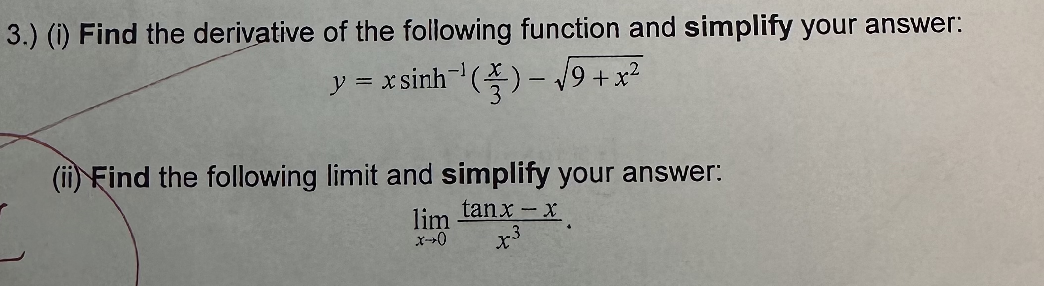 3 . ) ( i ) Find the derivative of the following