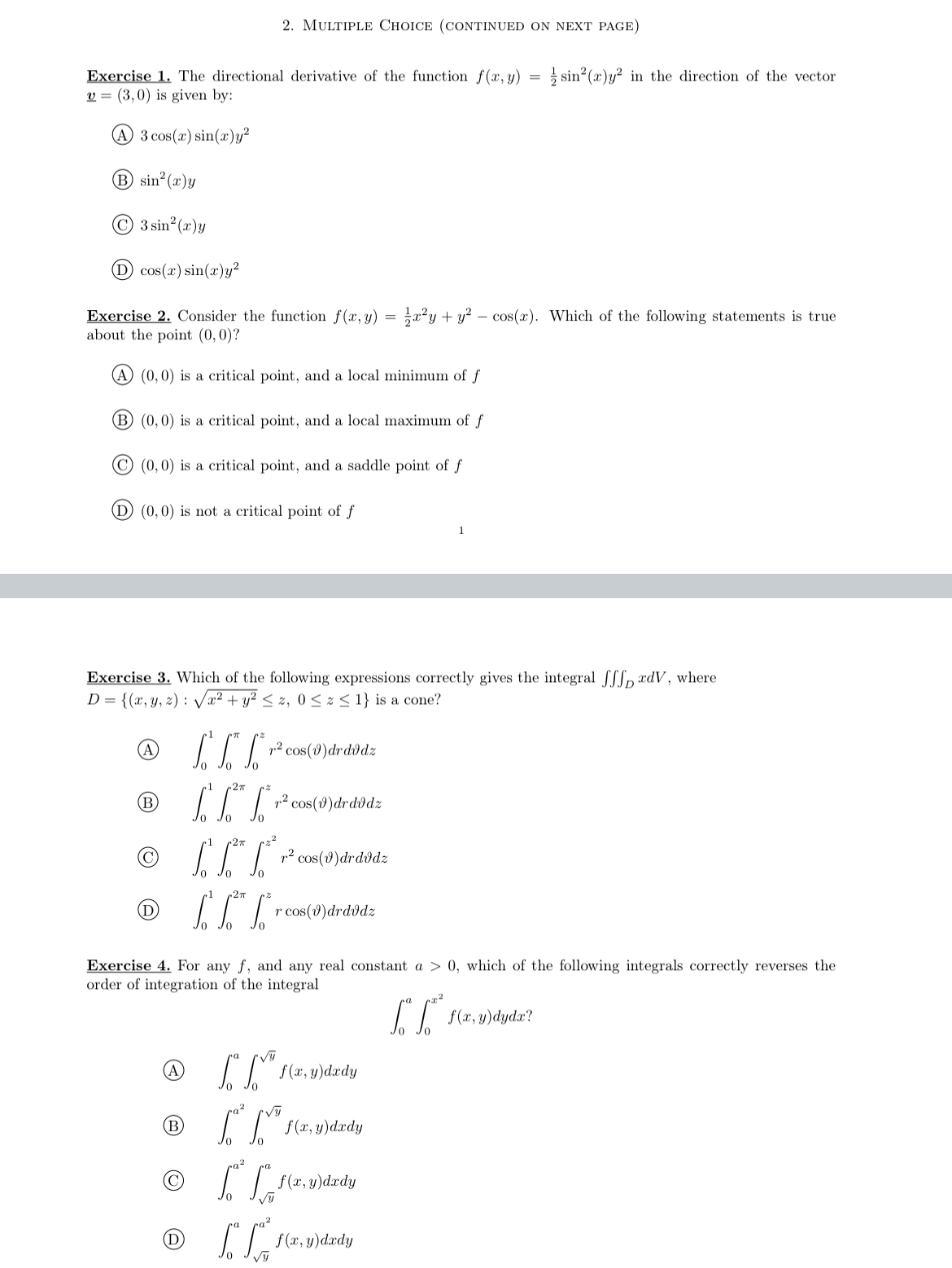 Multiple Choice ( CONtinued on Next PaGe )