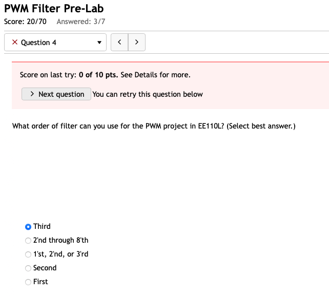 PWM Filter Pre - Lab Score on last try: 0 of 1 0