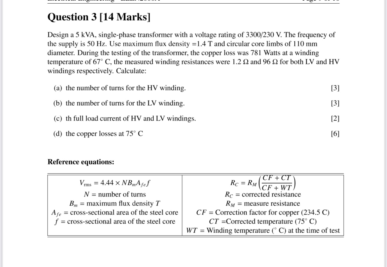 Question 3 [ 1 4 Marks ] Design a 5 kVA , single