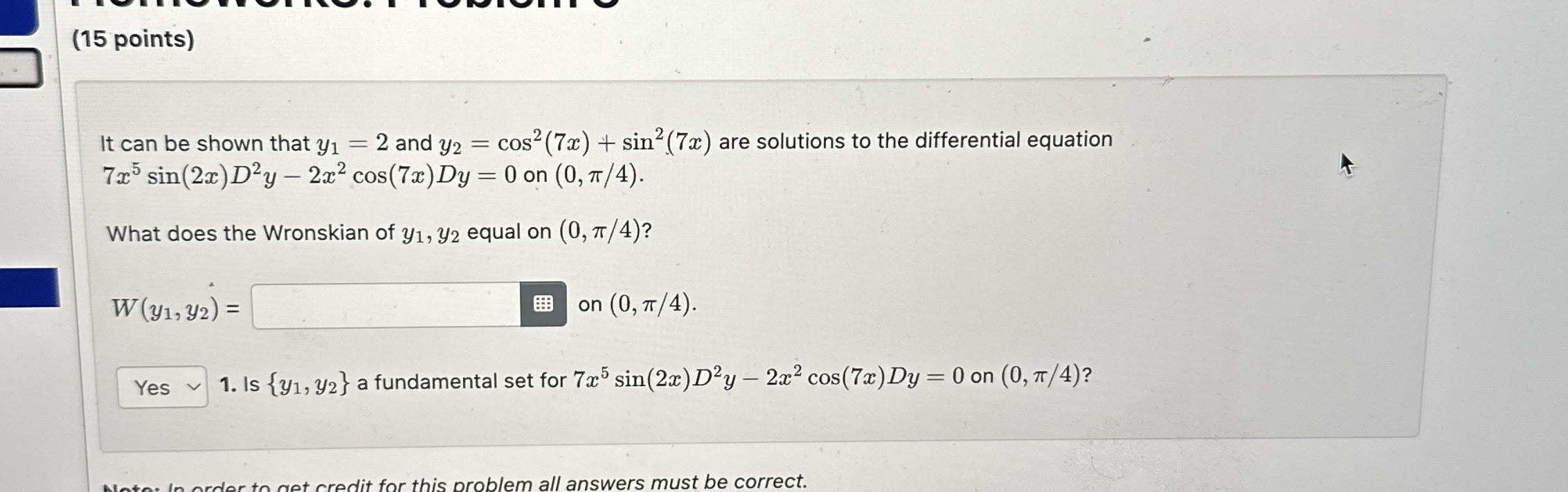 ( 1 5 points ) It can be shown that y 1 = 2 and y