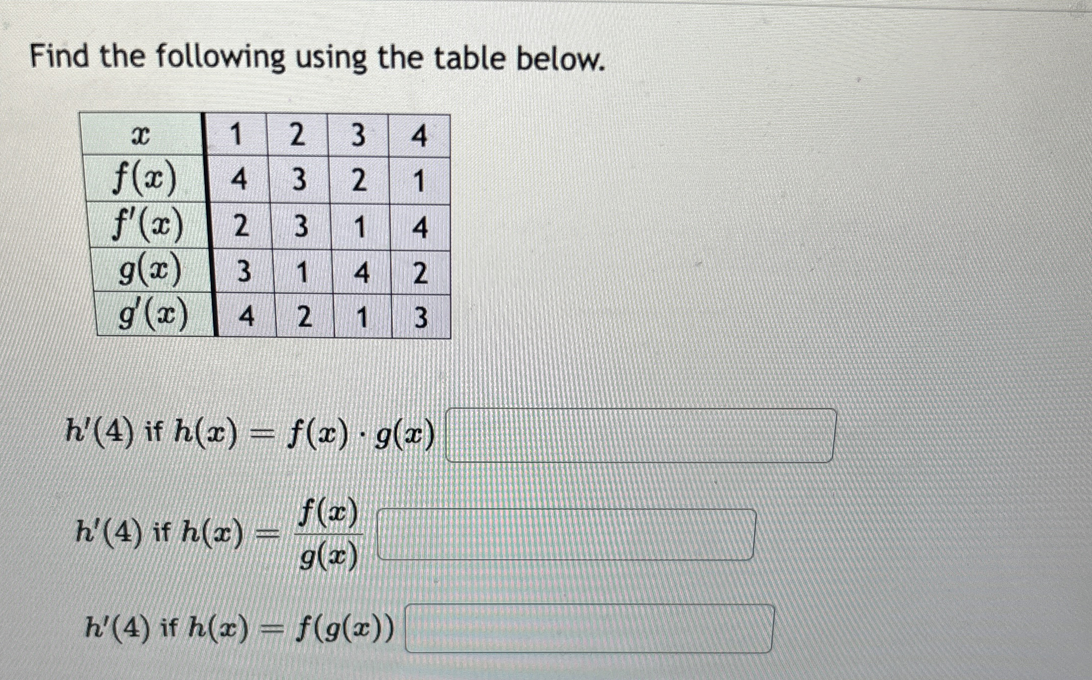 Find the following using the table below. \ table