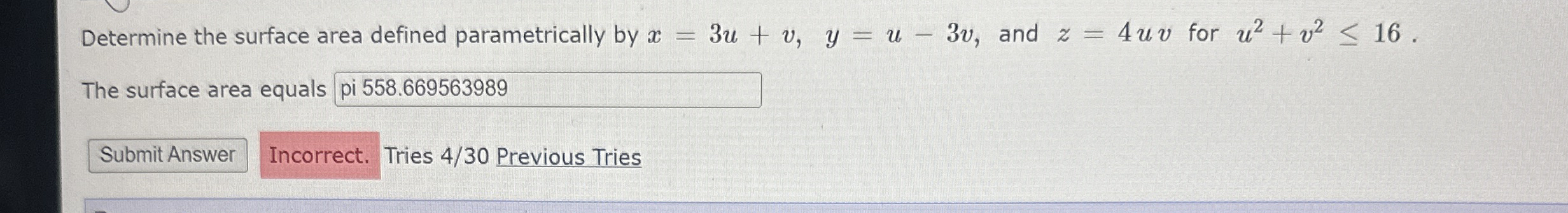 Determine the surface area defined parametrically