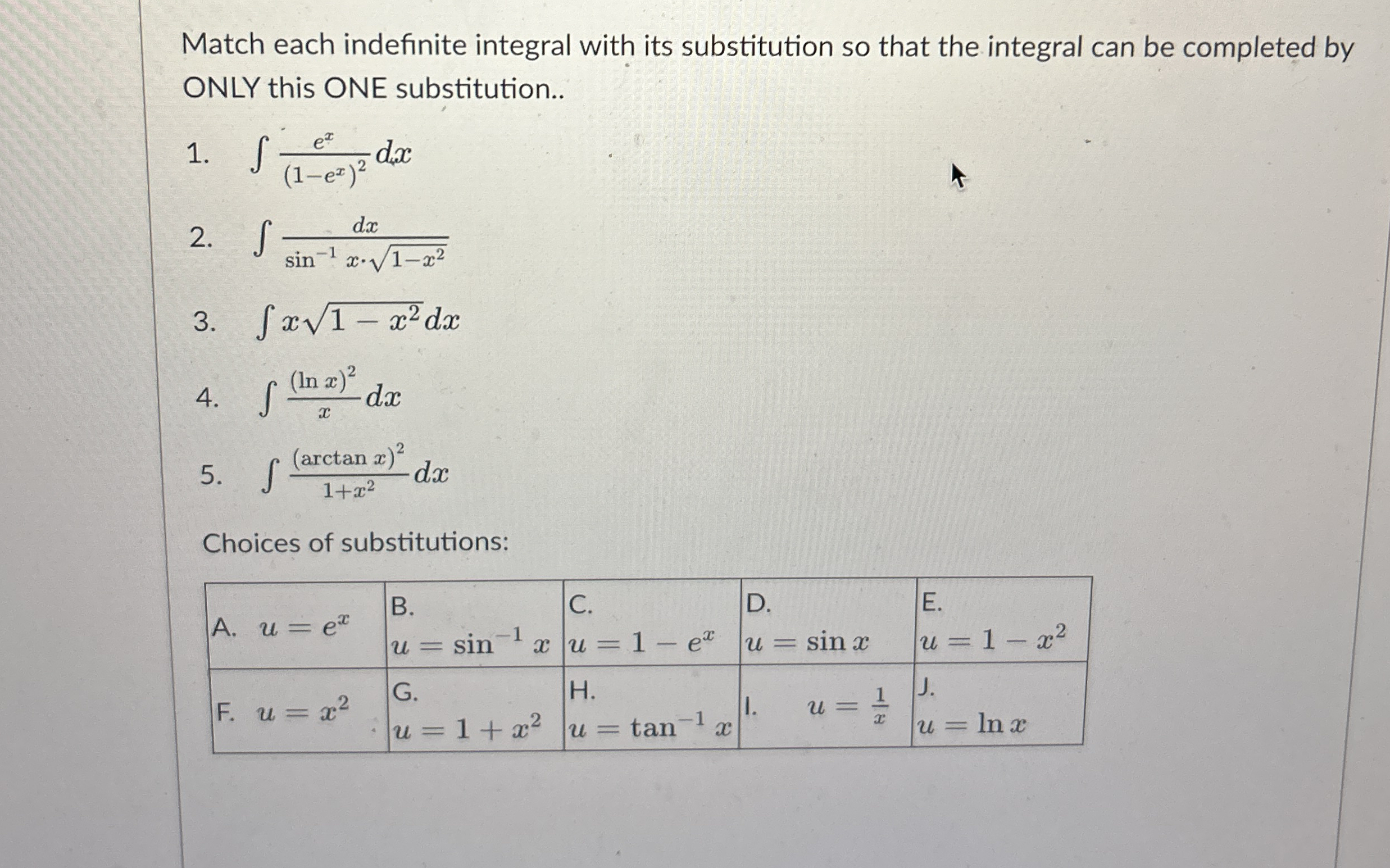 Match each indefinite integral with its