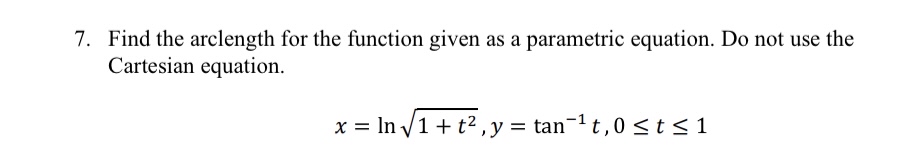 Find the arclength for the function given as a