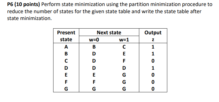 P 6 ( 1 0 points ) Perform state minimization