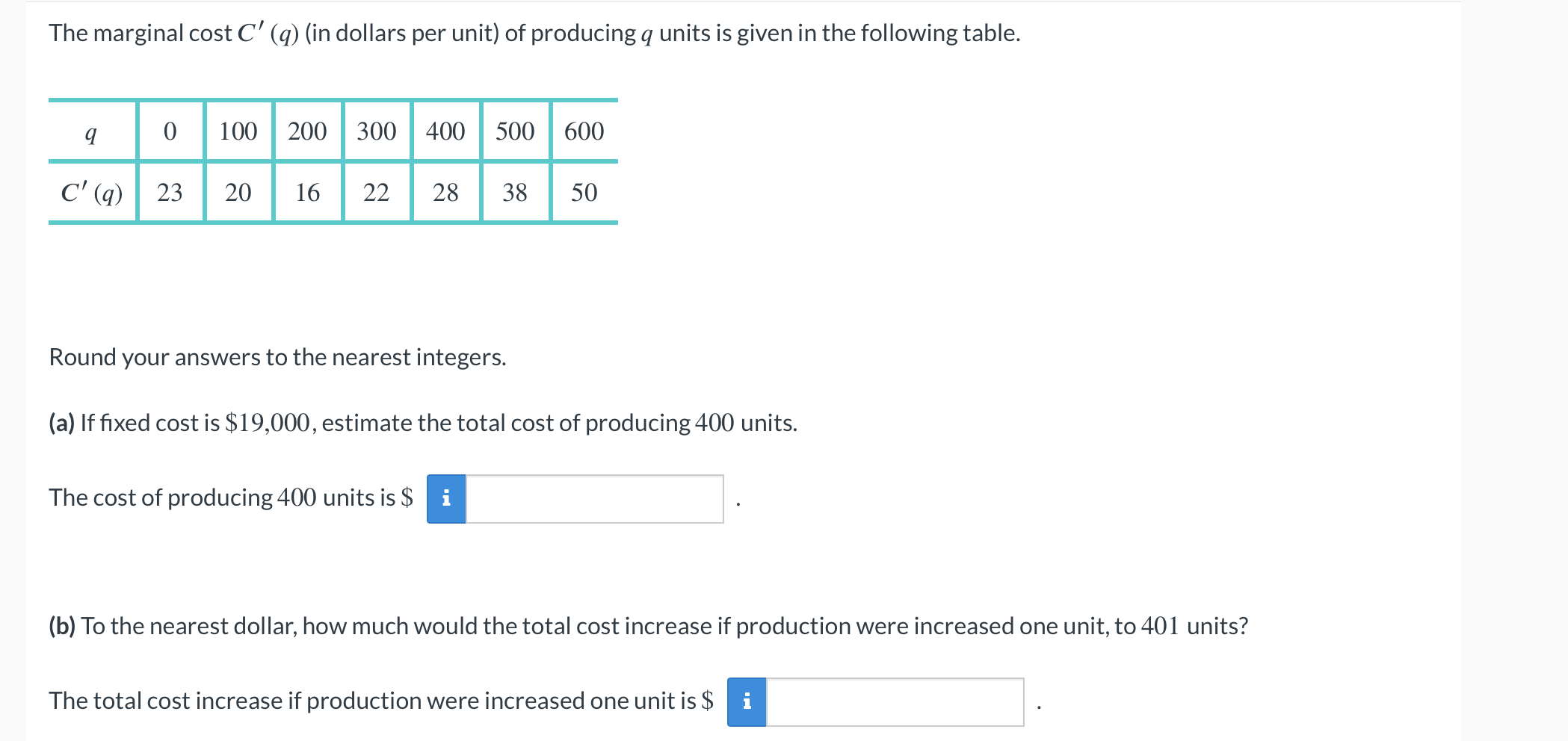 The marginal cost \ ( C ^ { \ prime } ( q ) \ ) (