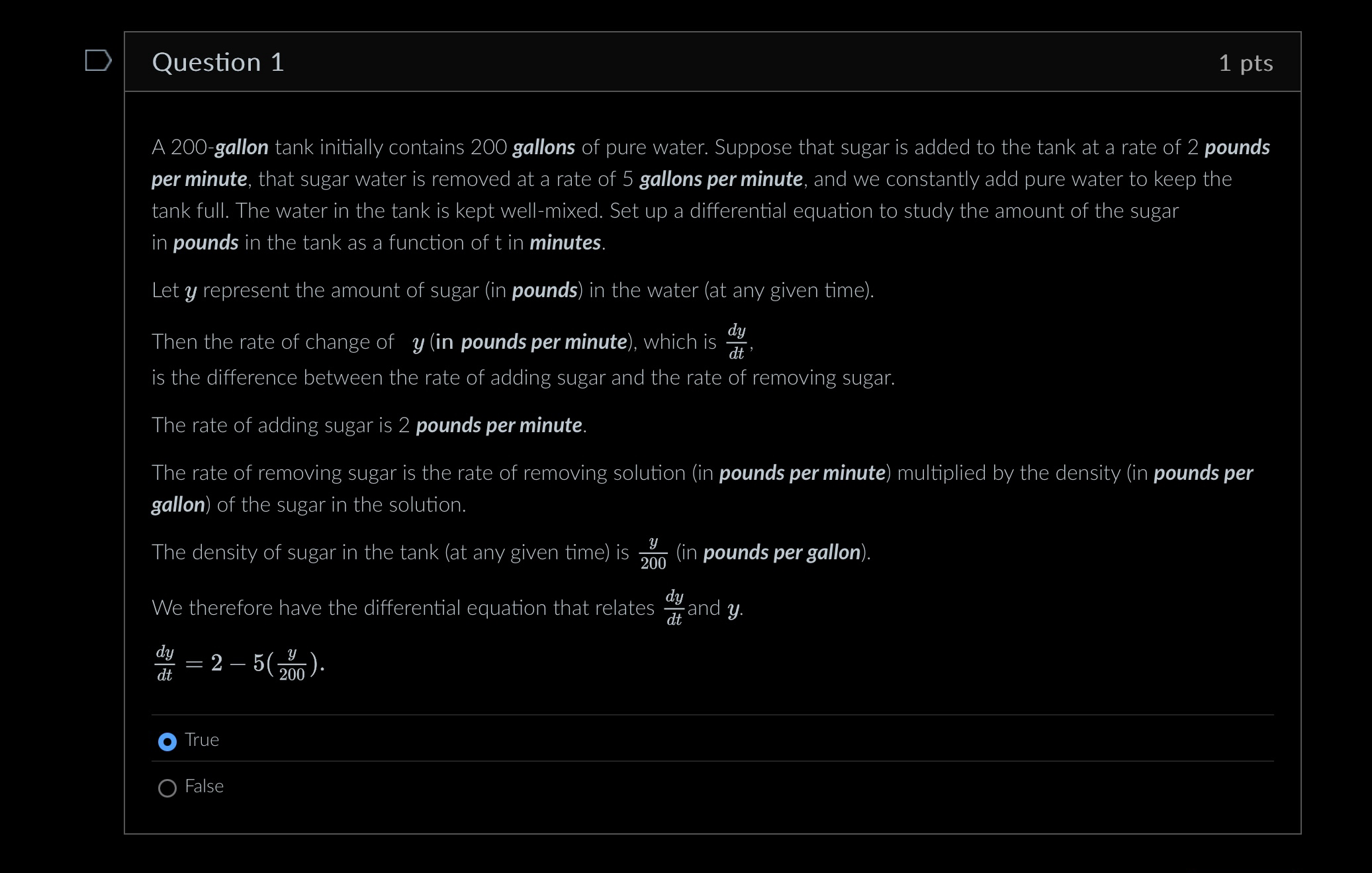 Question 1 1 pts A 2 0 0 - gallon tank initially