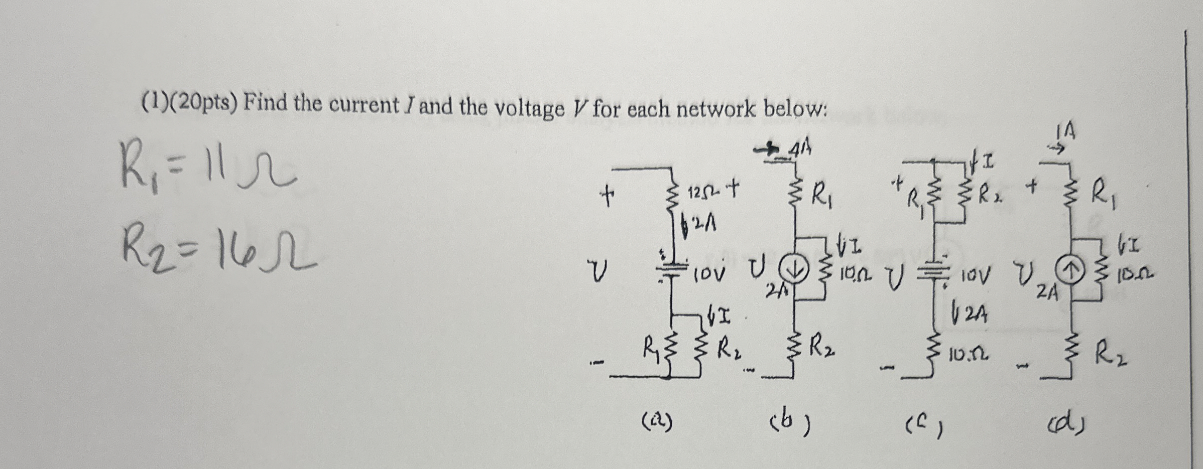 Find the current I and the voltage V for each