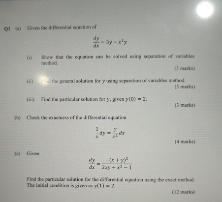 Q 1 ( a ) Given the differential equation of d y