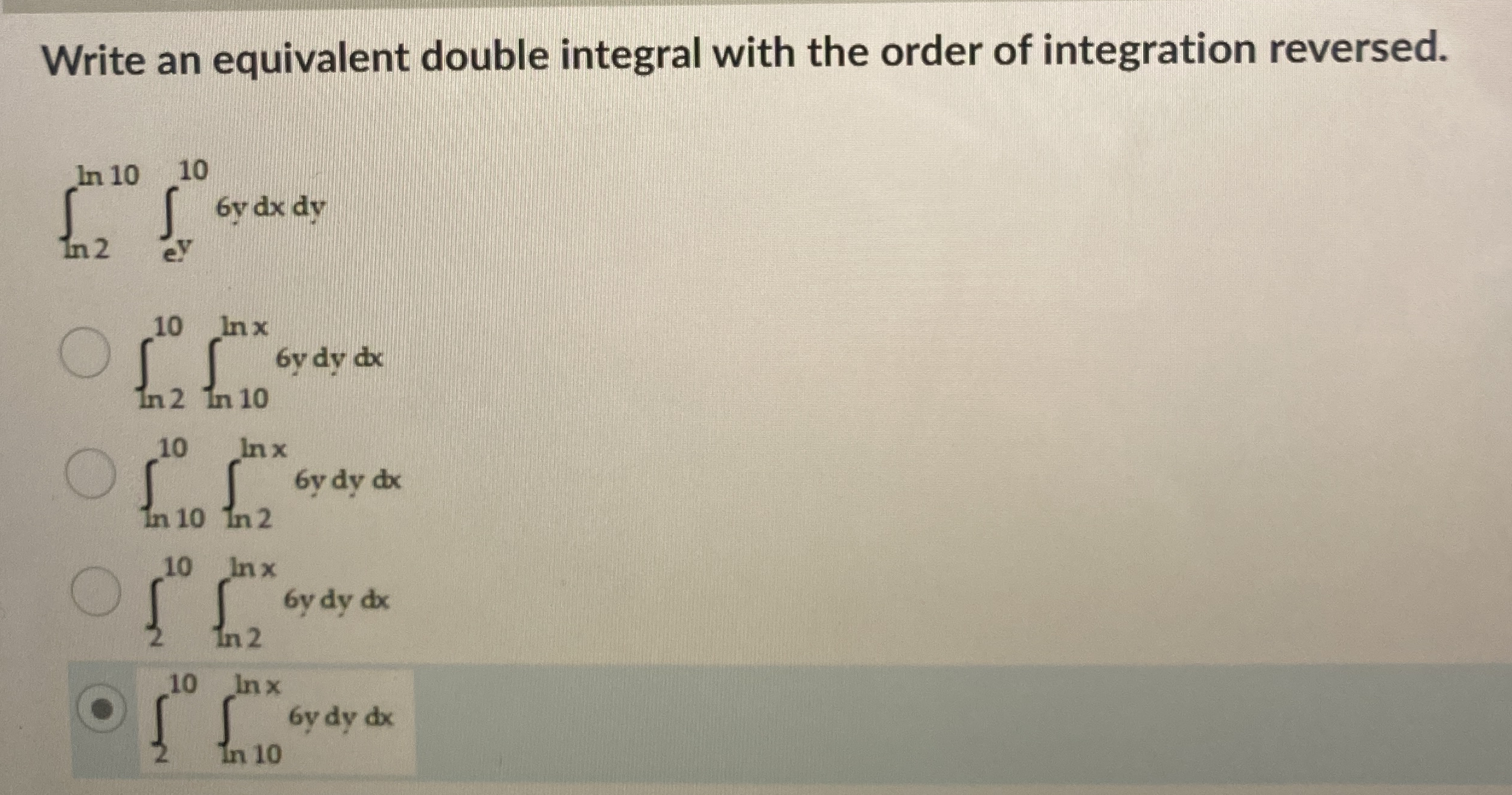 Write an equivalent double integral with the