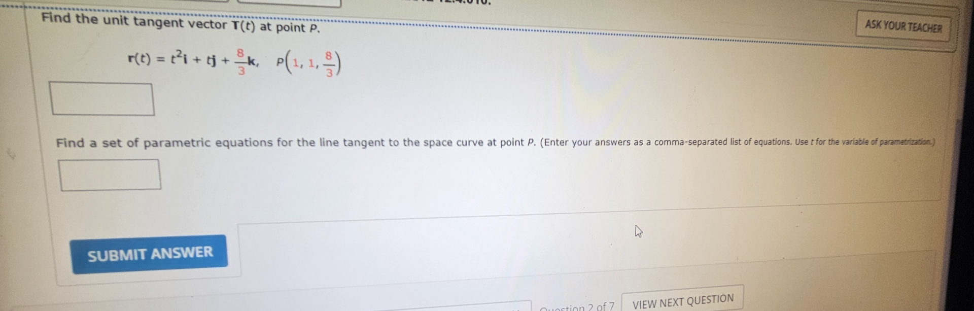 Find the unit tangent vector T ( t ) at point p .