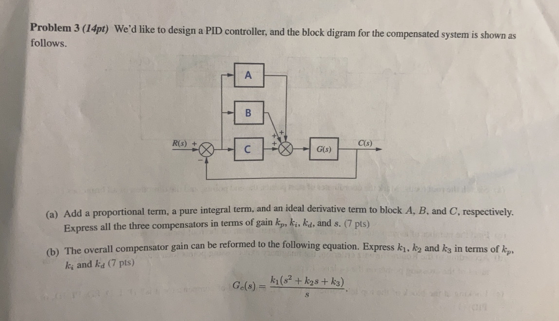 Problem 3 ( 1 4 pt ) We'd like to design a PID