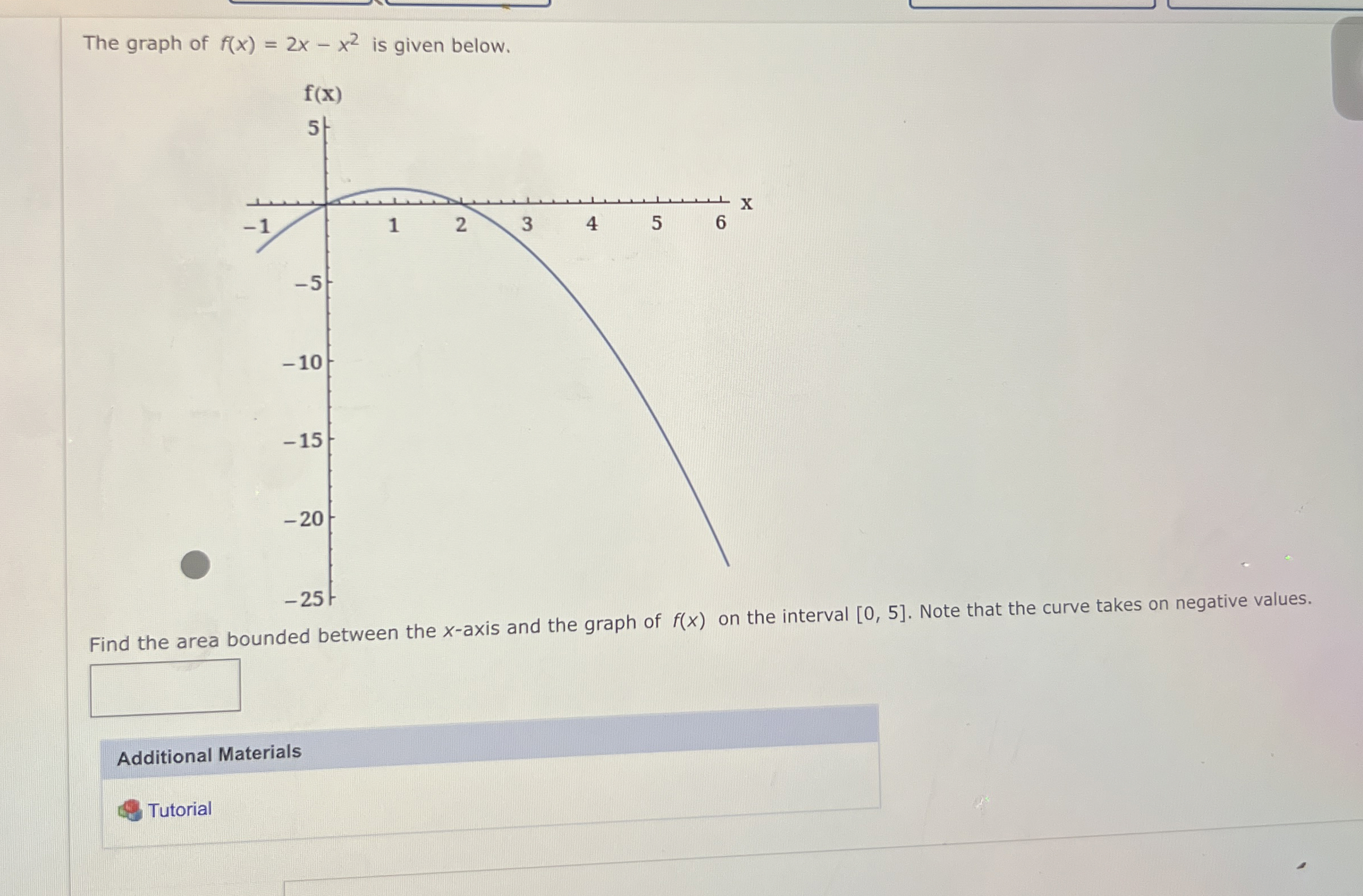 The graph of f ( x ) = 2 x - x 2 is given below.