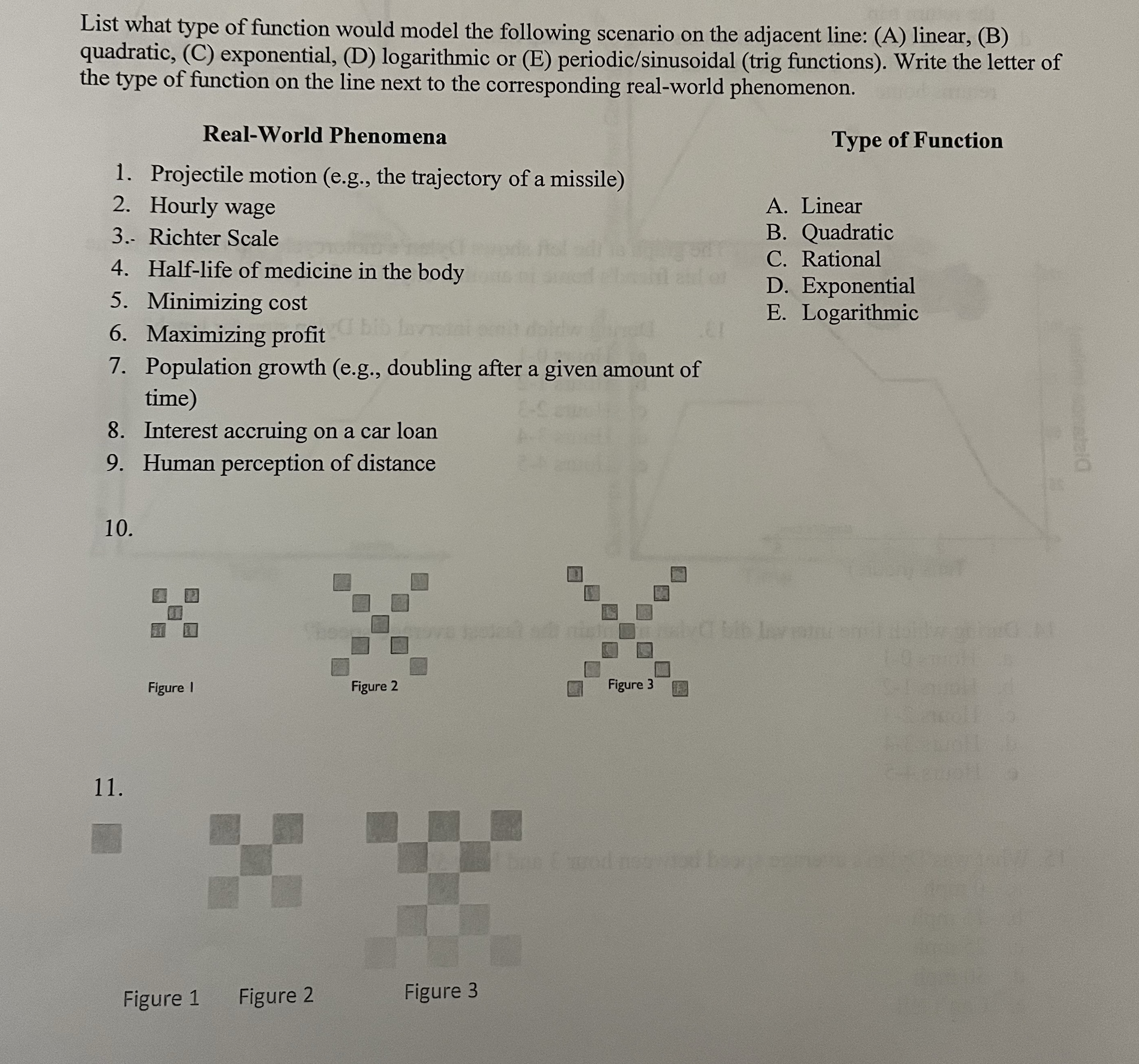 List what type of function would model the