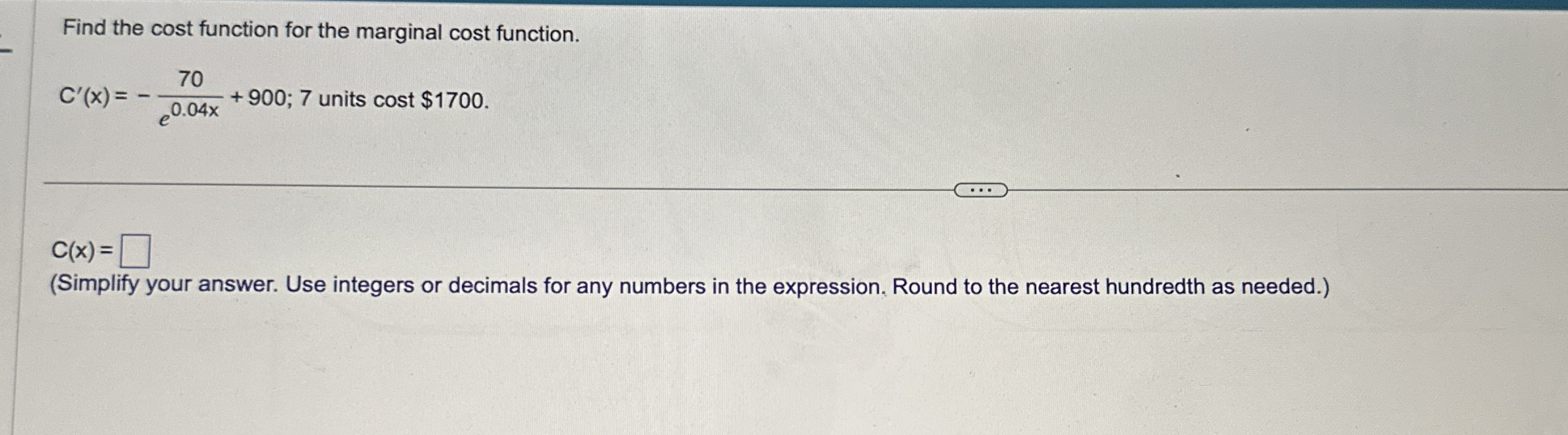 Find the cost function for the marginal cost