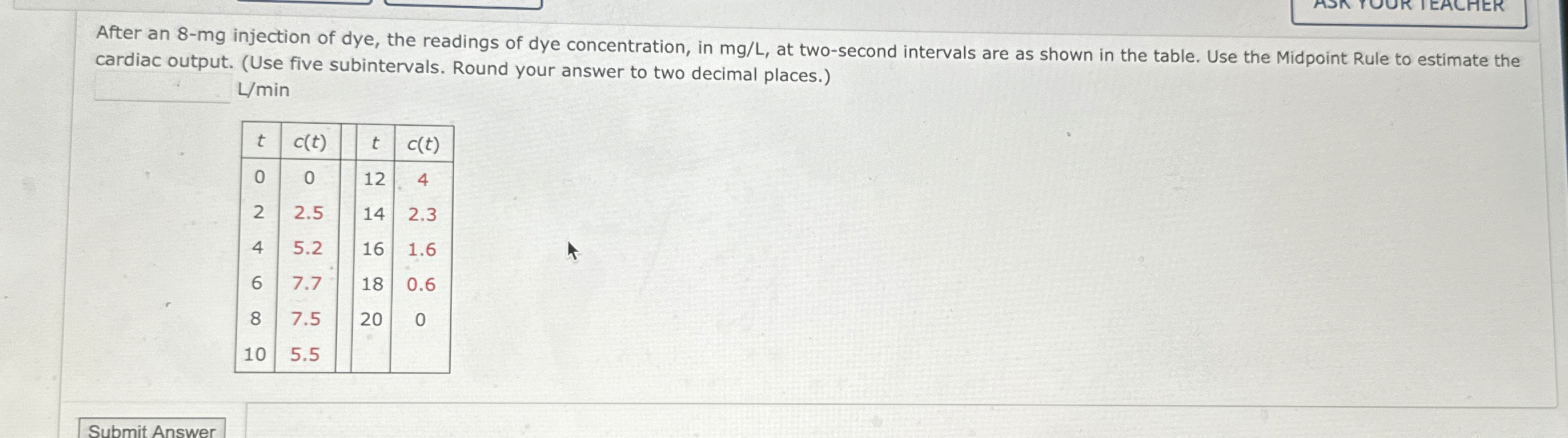 After an 8 - m g injection of dye, the readings
