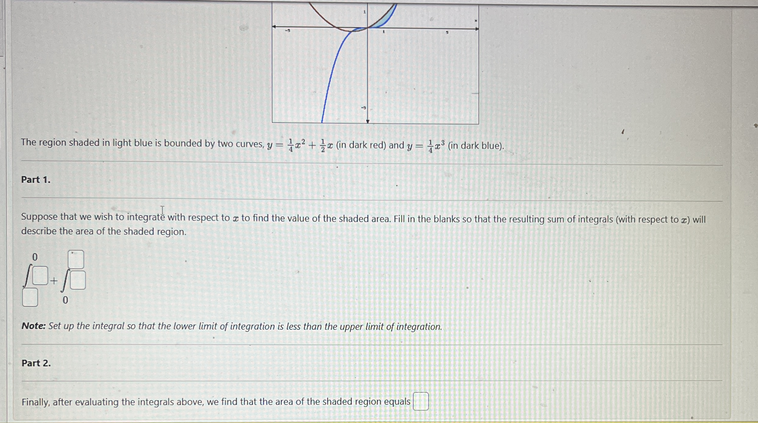 The region shaded in light blue is bounded by two