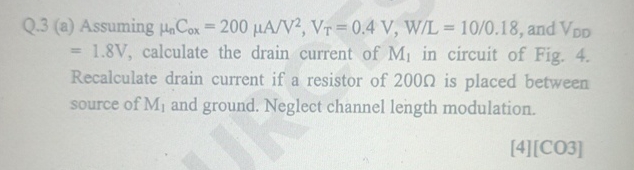 Q . 3 ( a ) Assuming n C o x = 2 0 0 A V 2 , V T