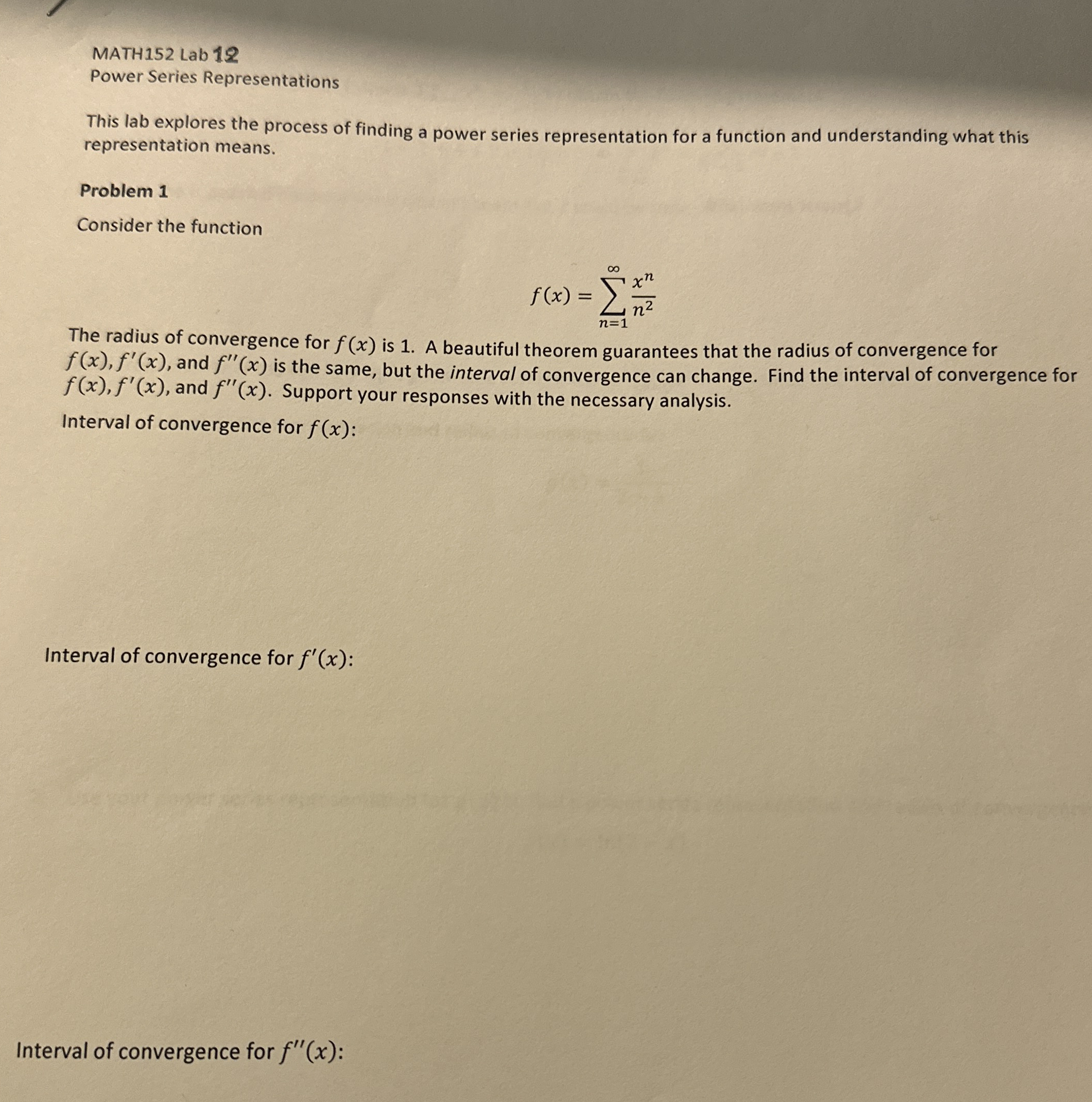 MATH 1 5 2 Lab 1 2 Power Series Representations