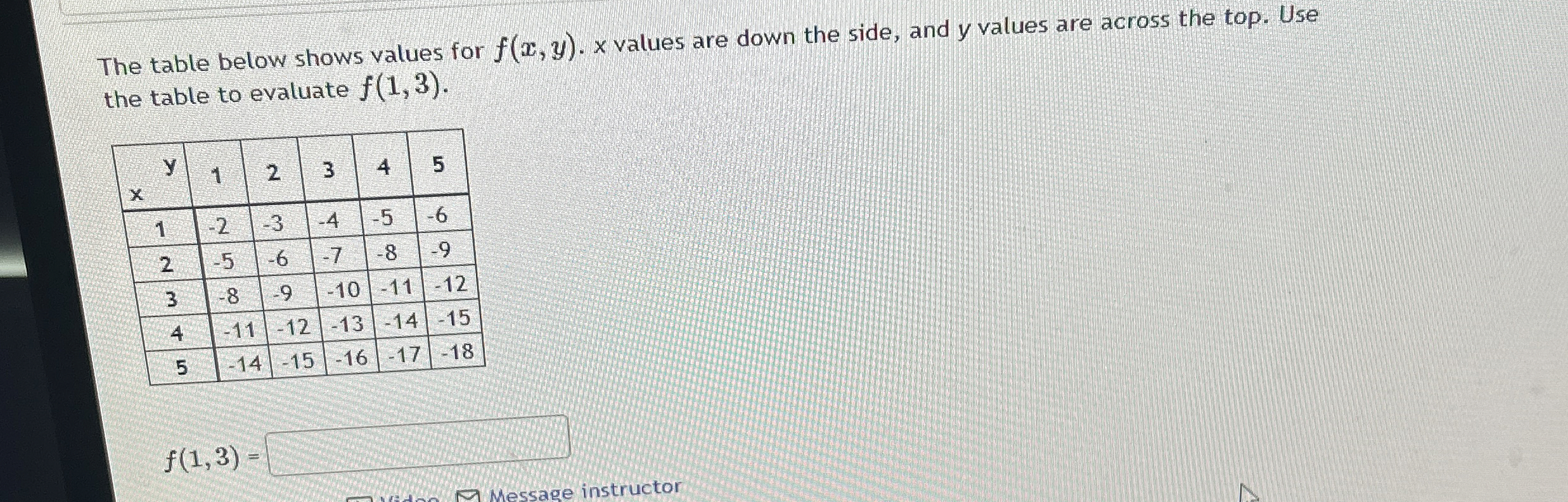 The table below shows values for f ( x , y ) . x
