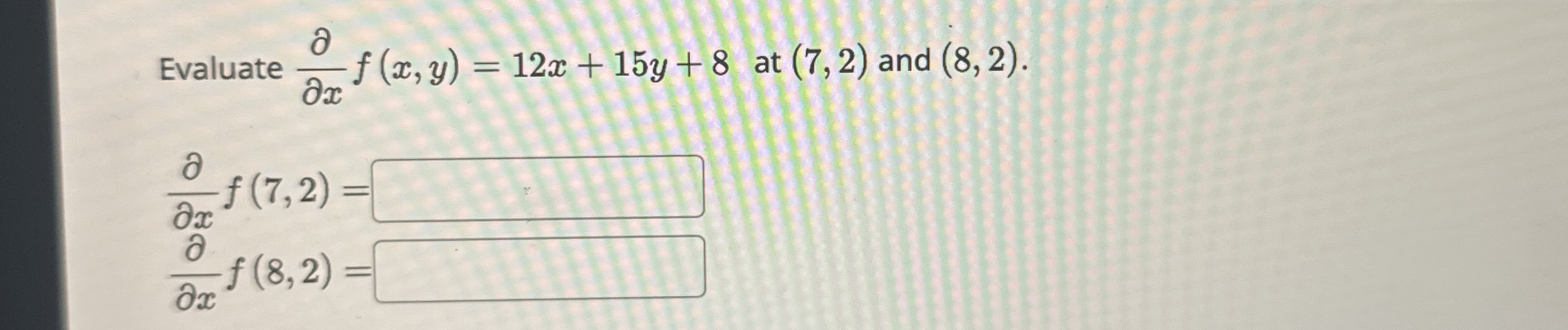 Evaluate d e l d e l x f ( x , y ) = 1 2 x + 1 5