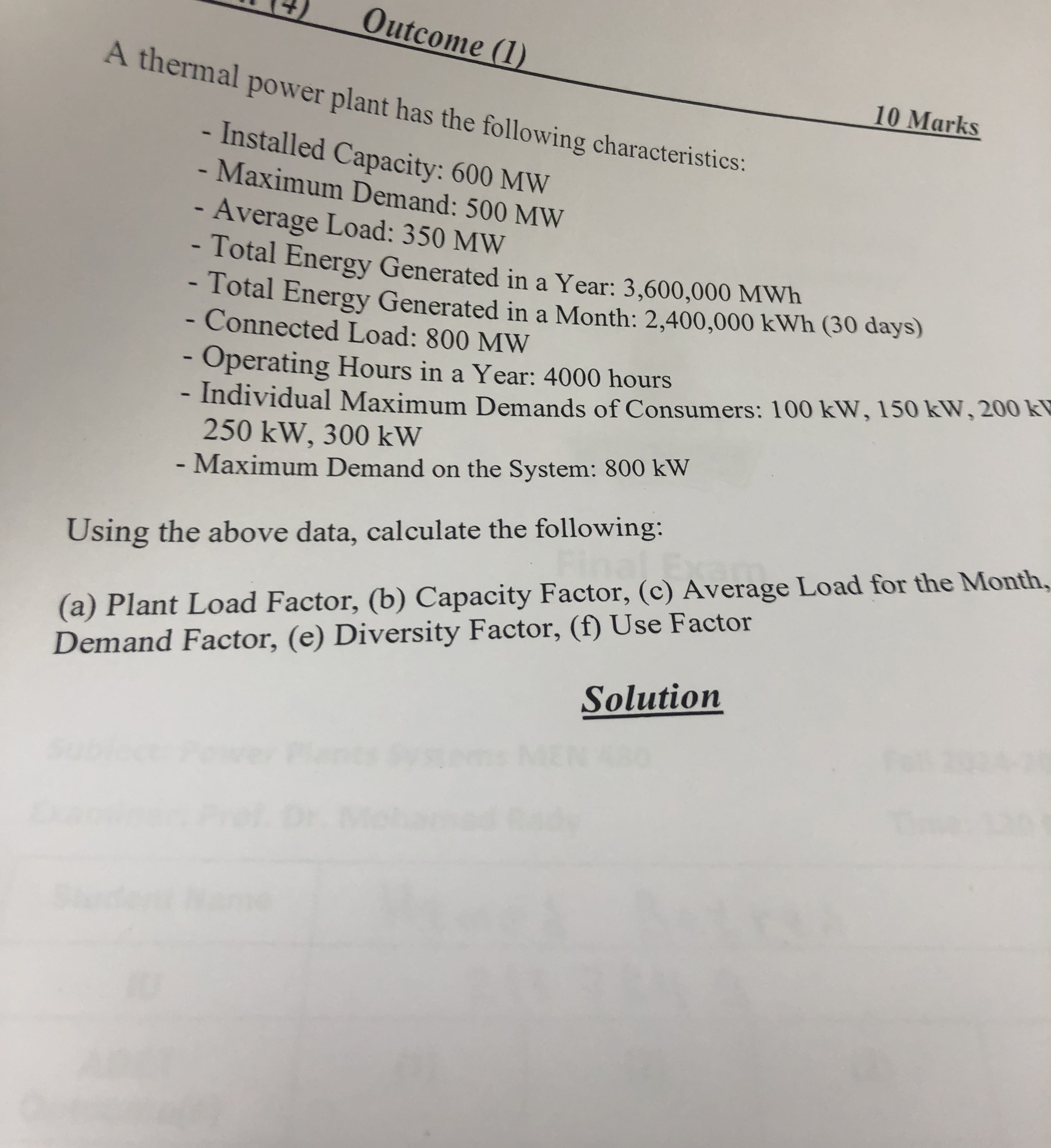 Outcome ( 1 ) A thermal power plant has the