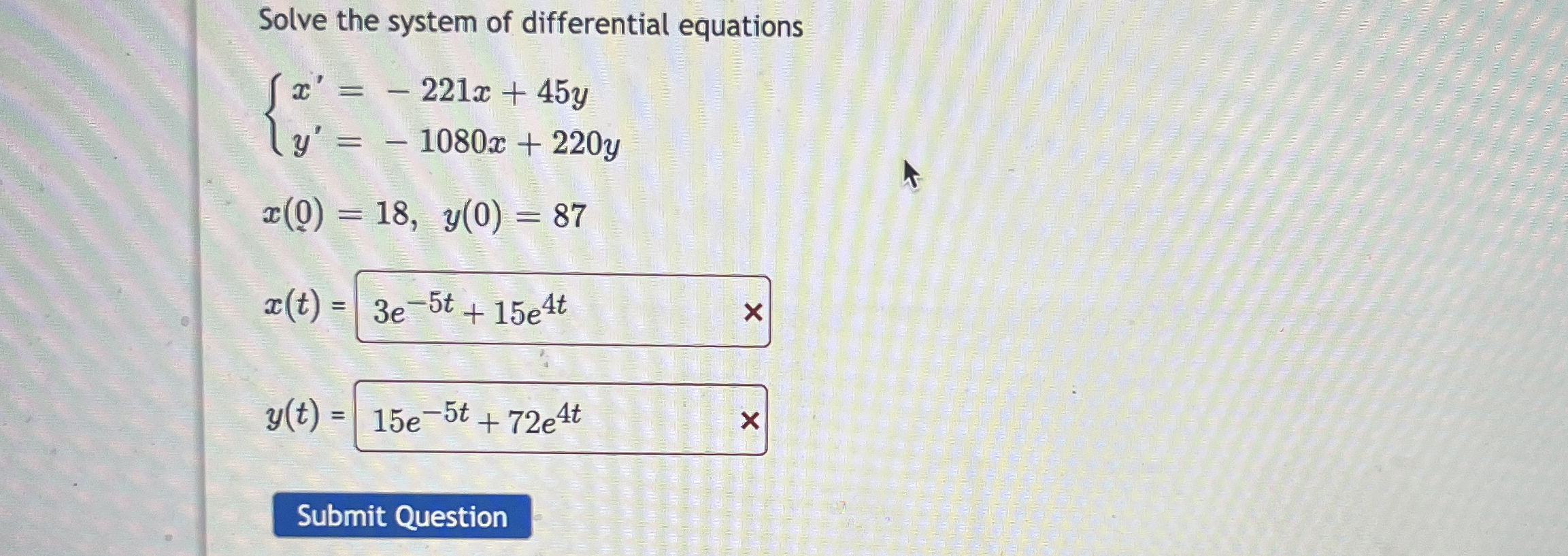 Solve the system of differential equations { x '