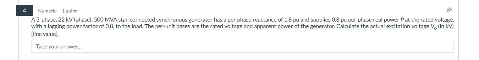 A 3 - phase, 2 2 kV ( phase ) , 5 0 0 MVA star -