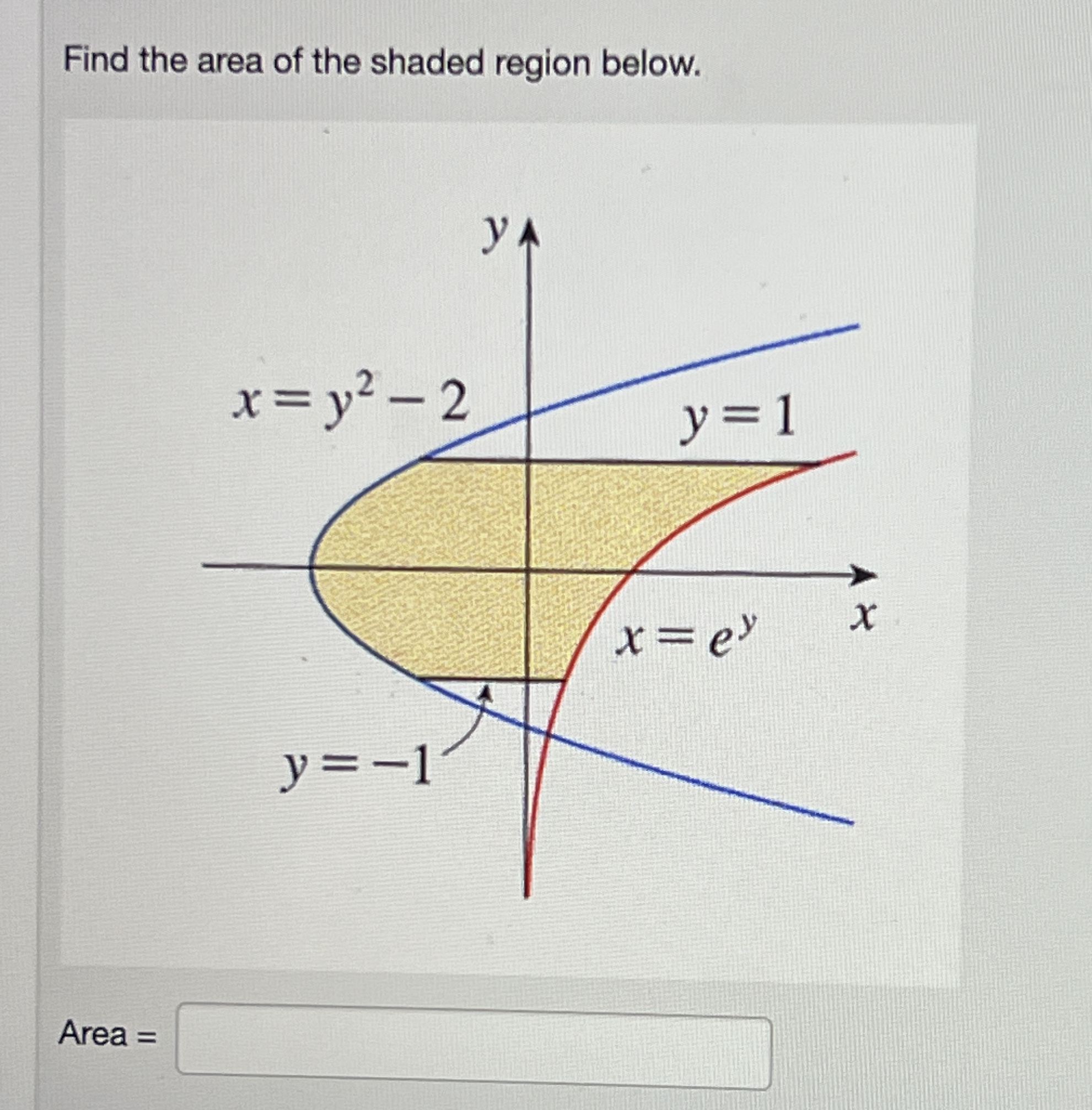 Find the area of the shaded reaion below. Area =