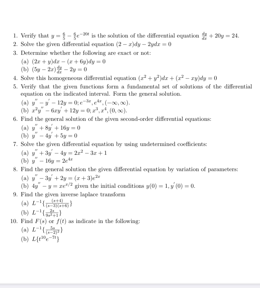 Verify that y = 6 5 - 6 5 e - 2 0 t is the