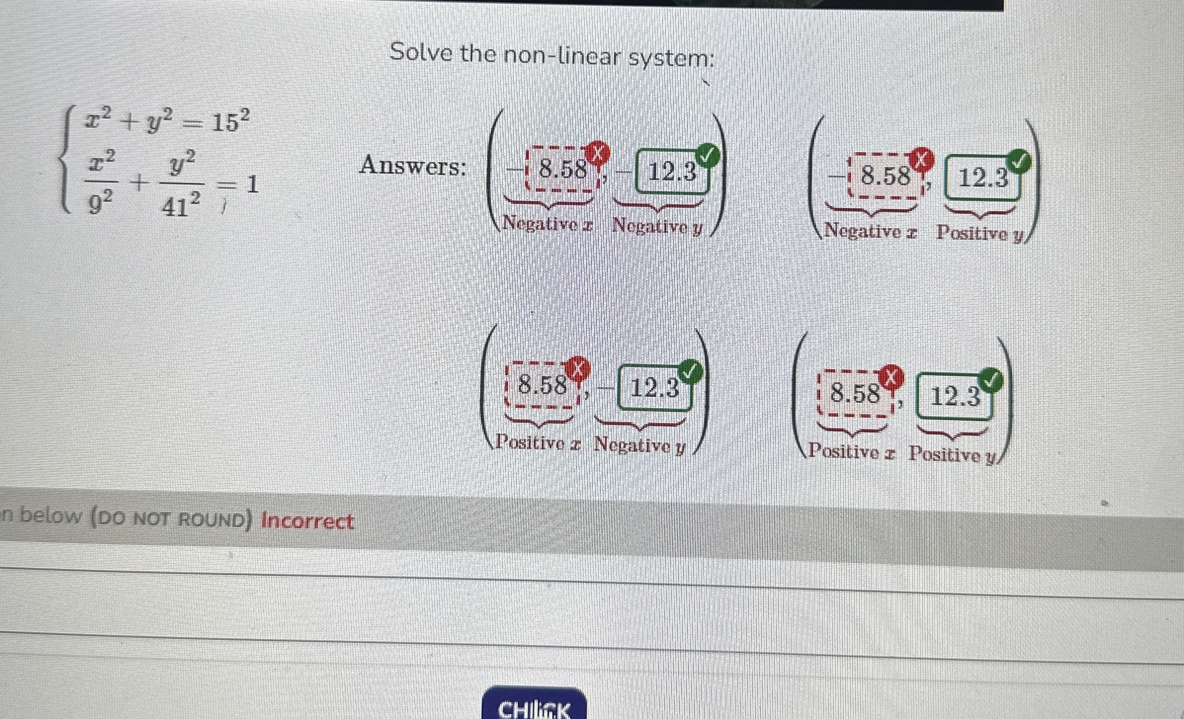 Solve the non - linear system: x 2 + y 2 = 1 5 2