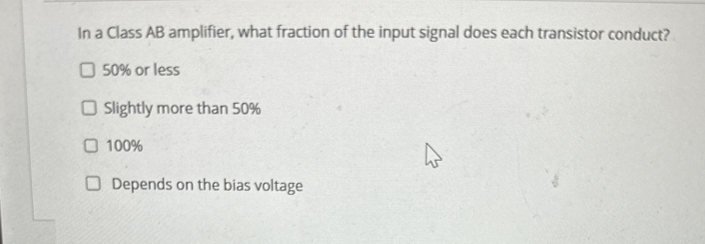 In a Class A B amplifier, what fraction of the