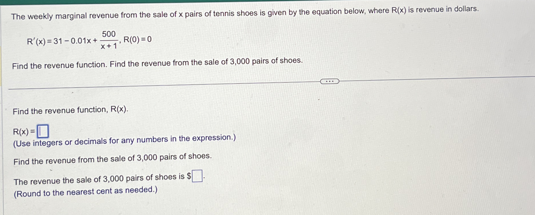 The weekly marginal revenue from the sale of x