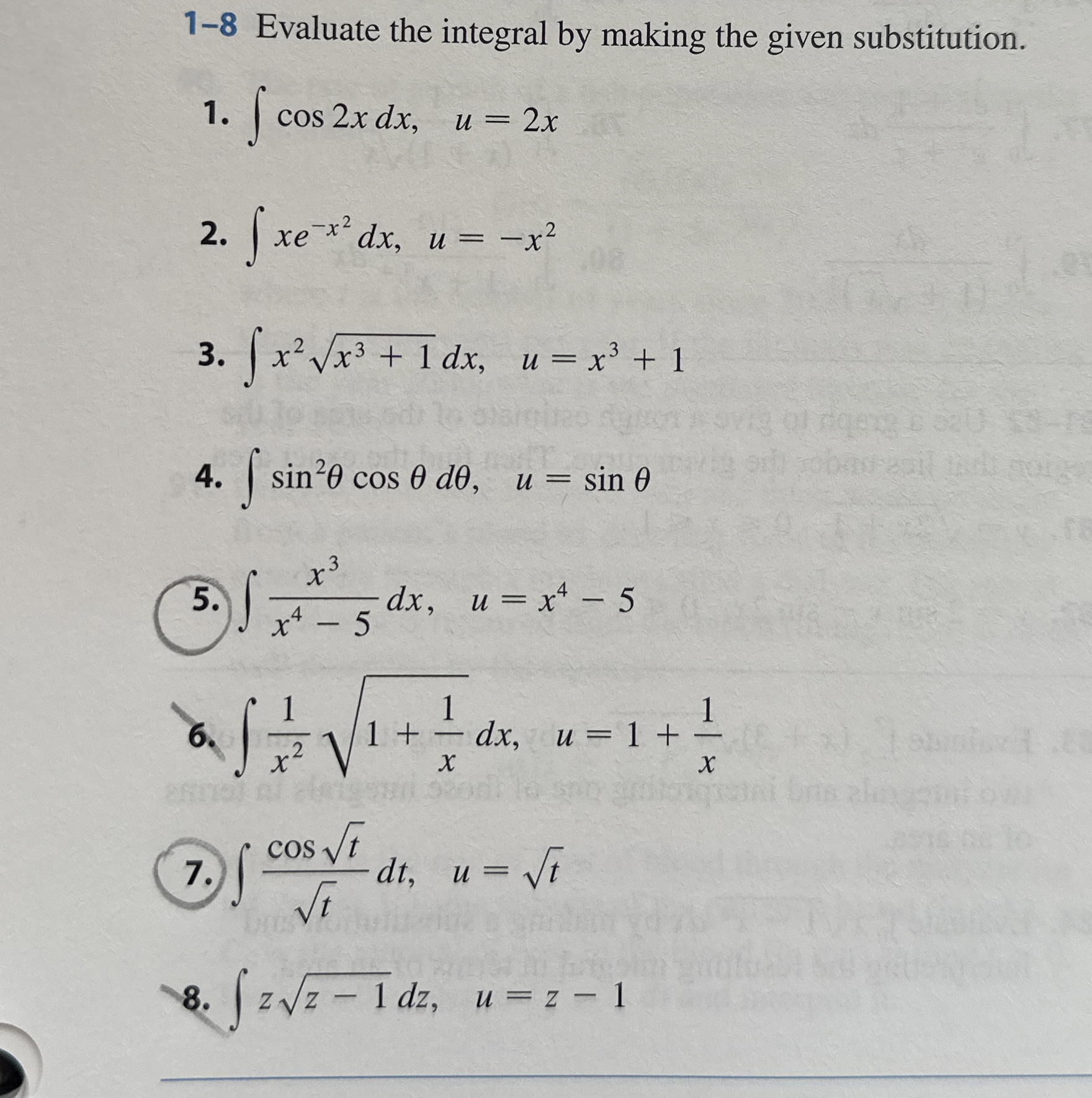 1 - 8 Evaluate the integral by making the given