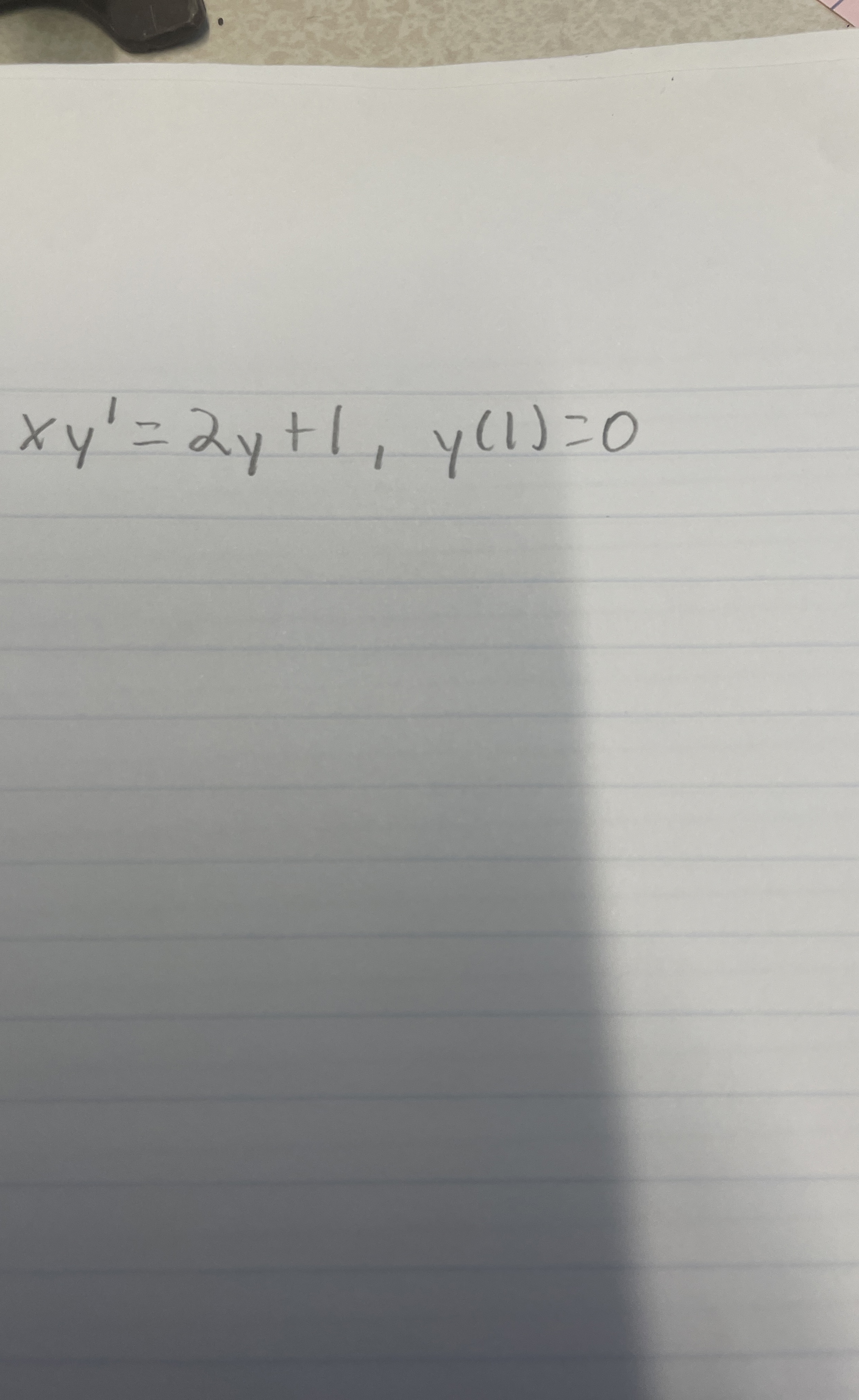 x y ' = 2 y + 1 , y ( 1 ) = 0 Solve the inital