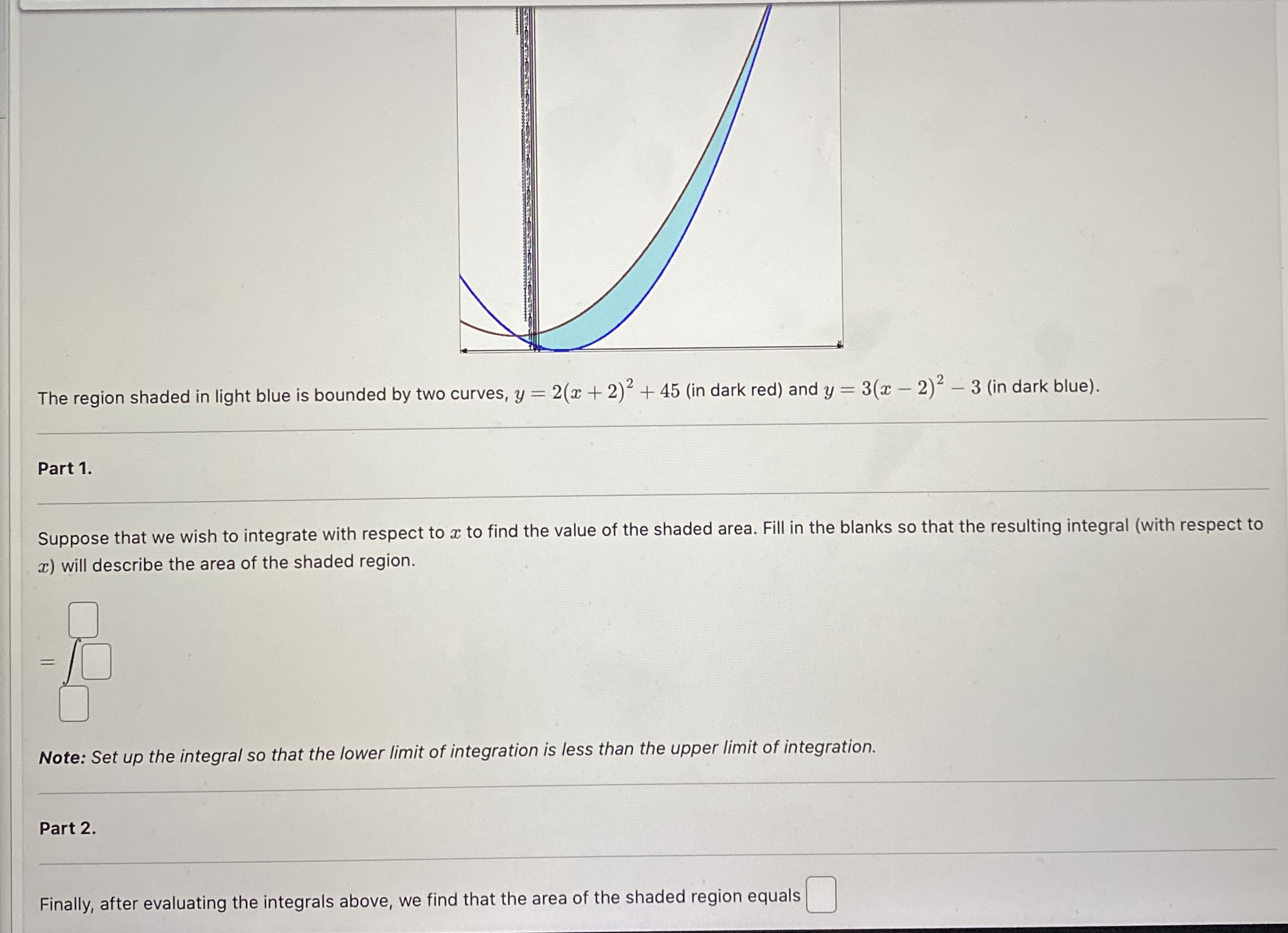 The region shaded in light blue is bounded by two