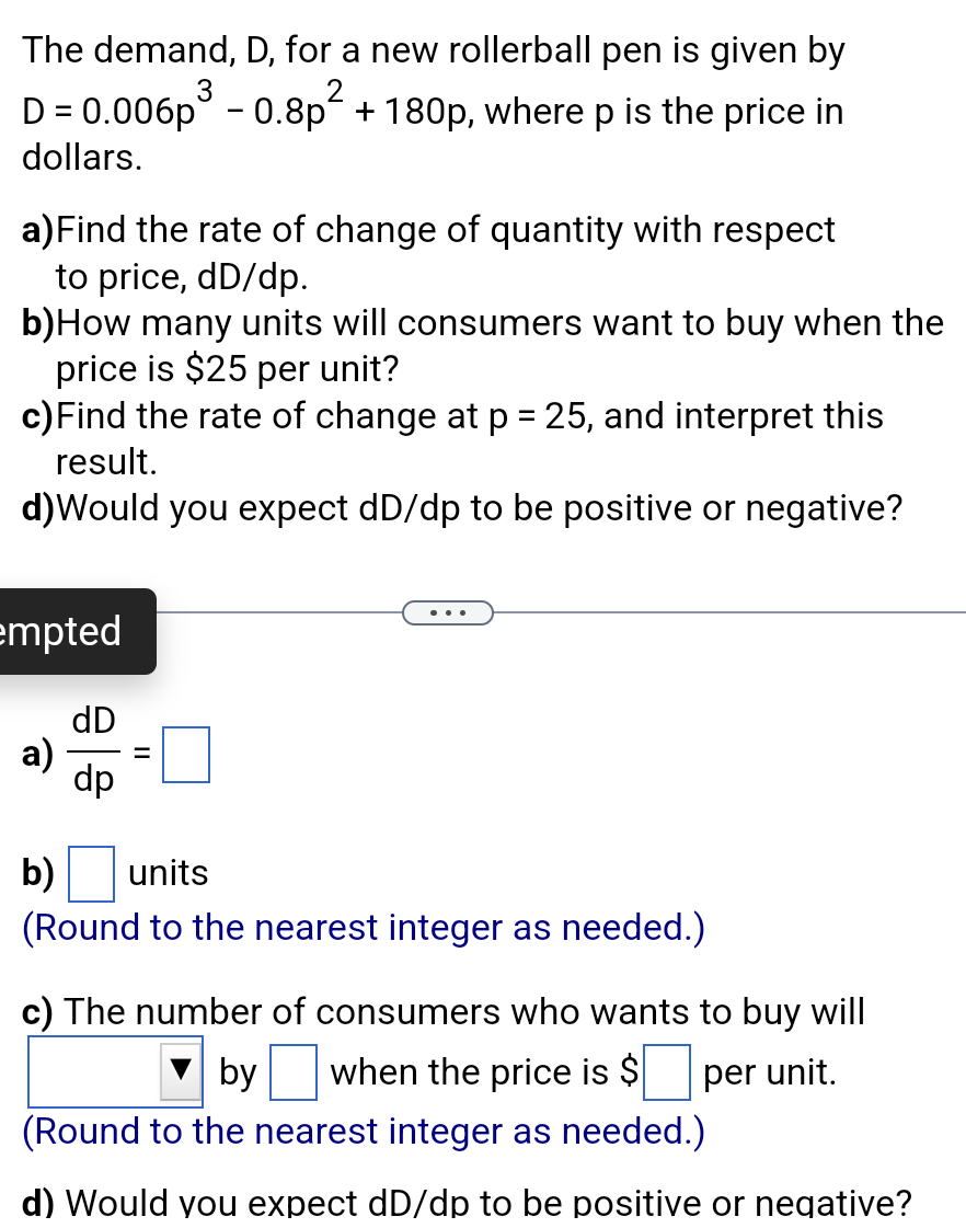 The demand, D , for a new rollerball pen is given