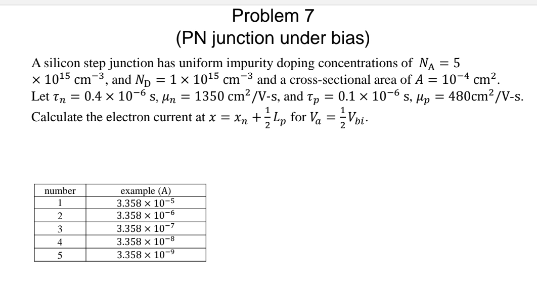 Problem 7 ( PN junction under bias ) A silicon