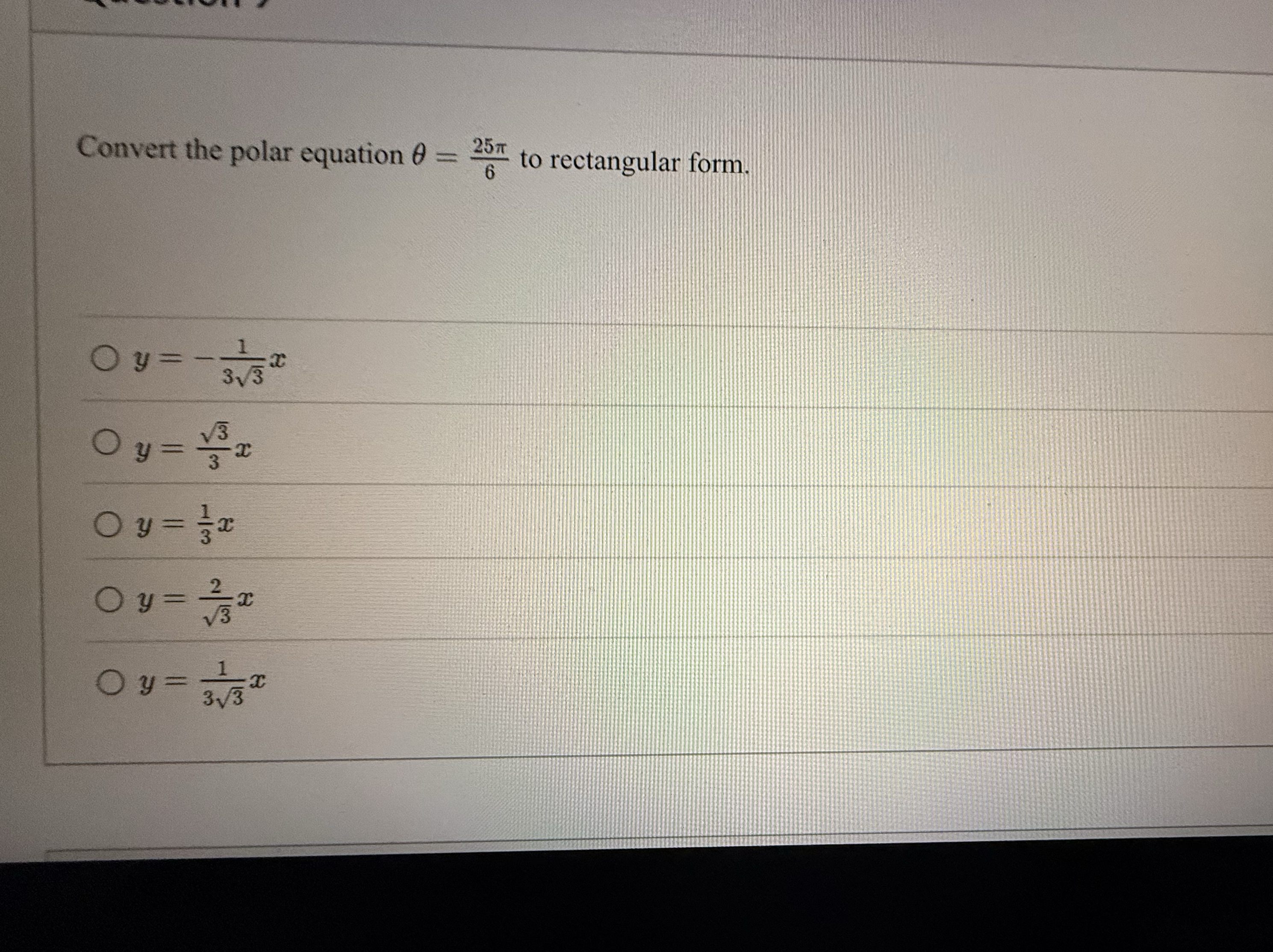 Convert the polar equation = 2 5 6 to rectangular