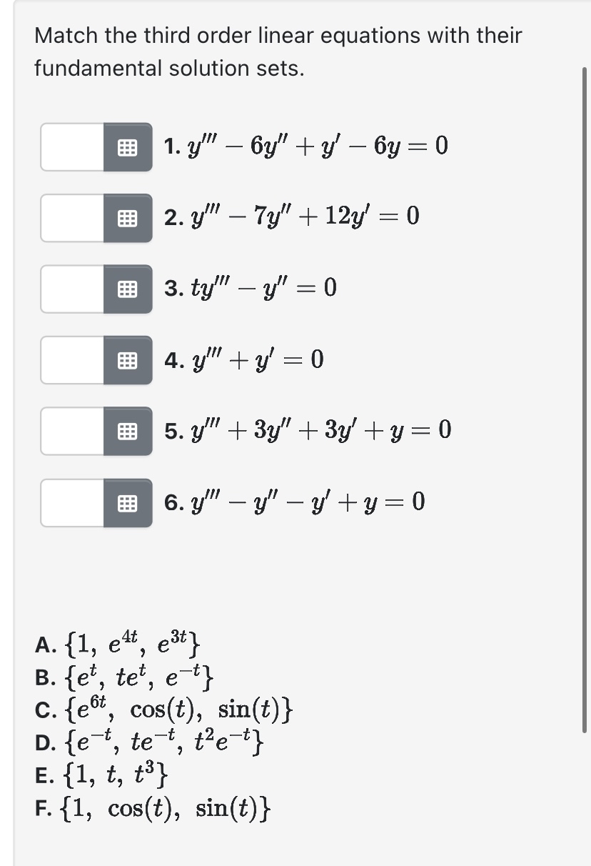 Match the third order linear equations with their