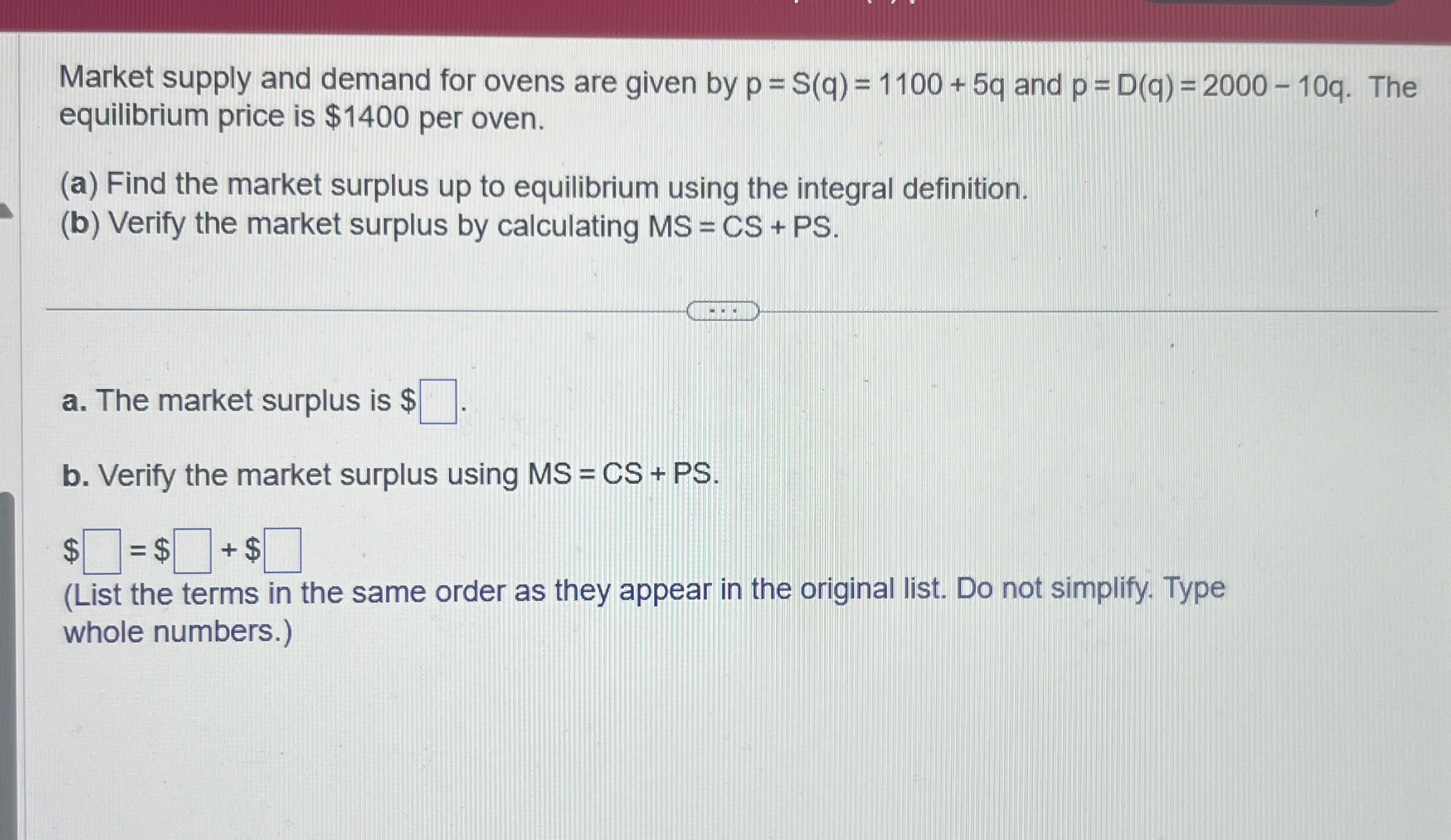 Market supply and demand for ovens are given by p