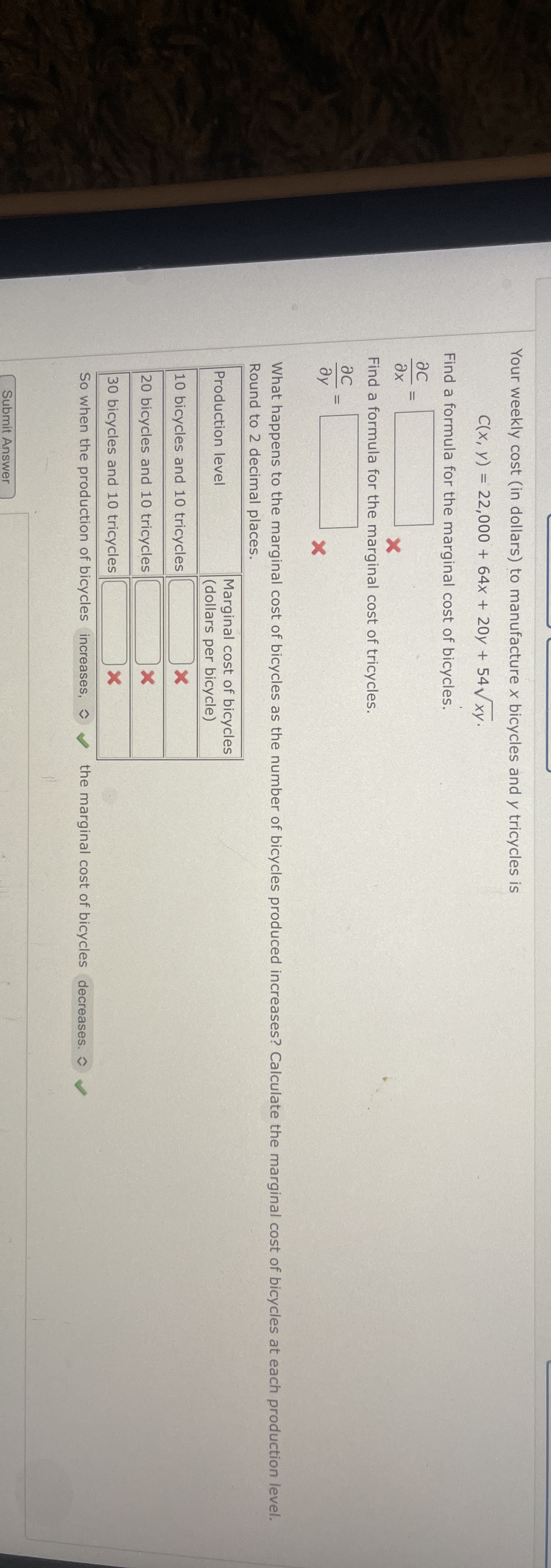 Your weekly cost ( in dollars ) to manufacture x